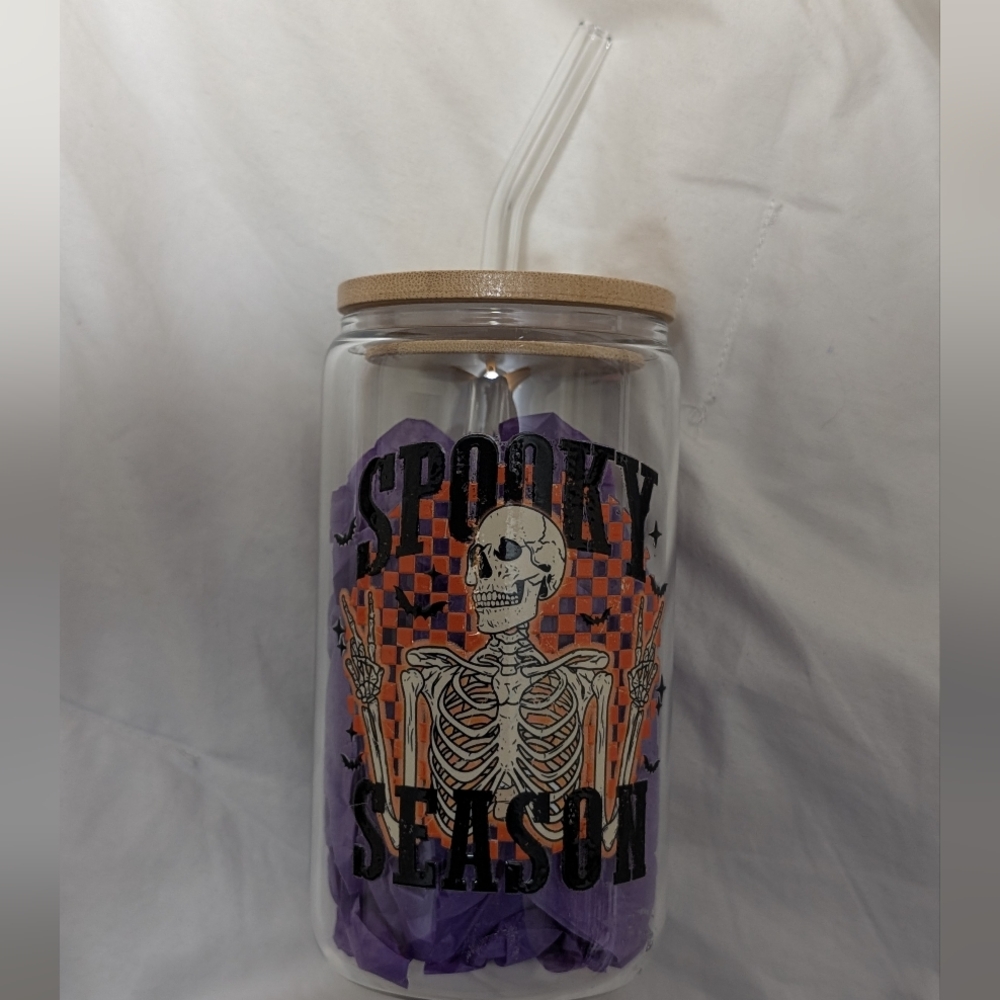 New Handmade Spooky Season Skeleton Glass Tumbler with Straw